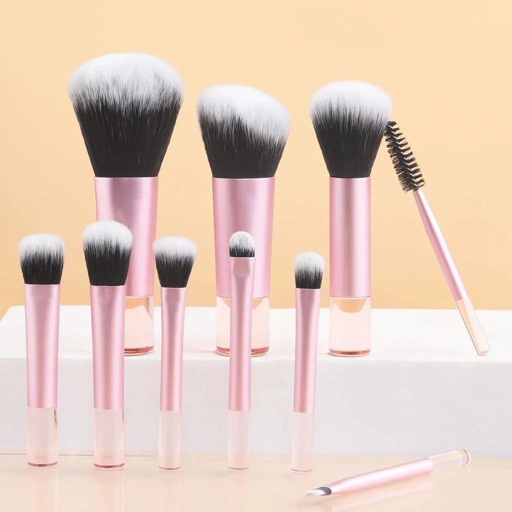 10pcs Pink Makeup Brush Set for Beginners Mini Portable Foundation Eyeshadow Brushes with Crystal Handle Includes Brush Pouch