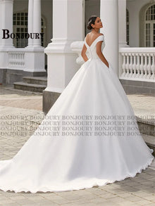 BONJOURY Simple V-neckline Wedding Dress for Woman Bride Satin Pockets Chapel Train Button Vestido De Casamento Drop Shipping