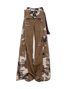 Jean cargo femme marron à patchwork camouflage, style vintage Harajuku, coupe large, jean déchiré style Y2K japonais des années 2000