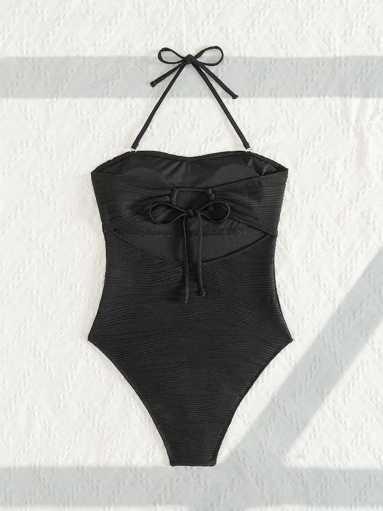 Cikini Sexy One-Piece Swimsuit Solid Color Textured Seashell Starfish Pendant Detachable Strapless Halter Backless Hollow Out