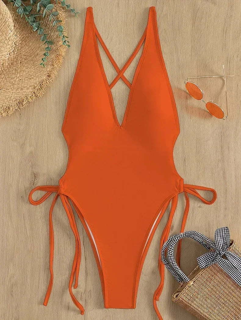 Solid Lace Up One Piece Swimsuit For Women Push Up Beachwear