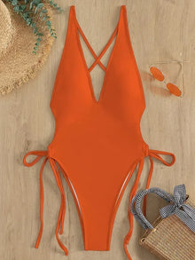 Solid Lace Up One Piece Swimsuit For Women Push Up Beachwear