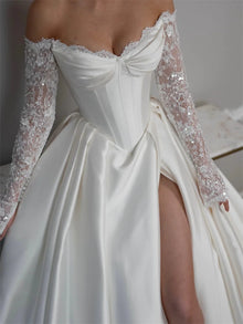 SWEMILE Customized Off Shoulder Long Appliques Sleeves Satin A-Line Wedding Elegant Lace-up Back Floor Length Side Slit Gown