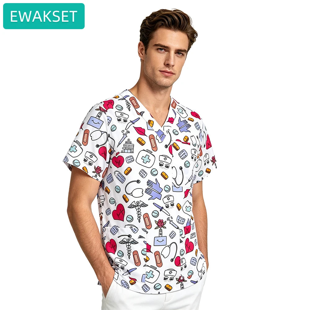 Unisex Printed 100% Cotton Scrub Top and Solid Stretch Pants Medical Uniform for Hospital Staff Nurses Doctor