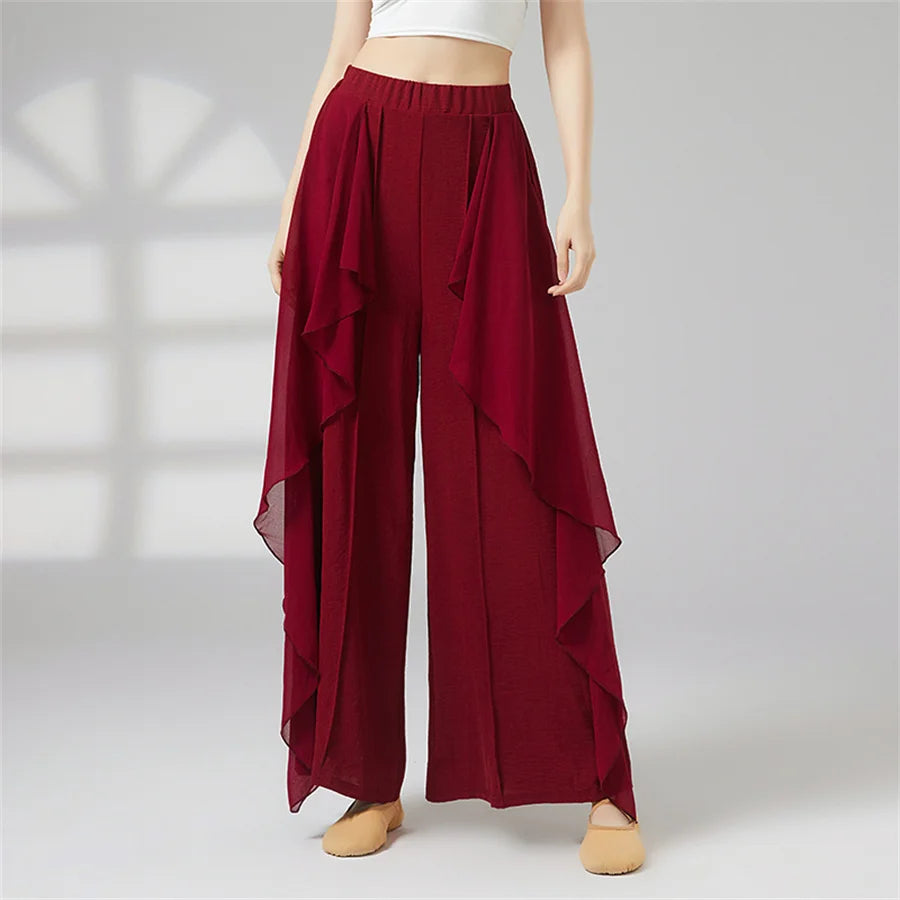 Women Wide Leg High Waisted Flowing Chiffon Dance Pants
