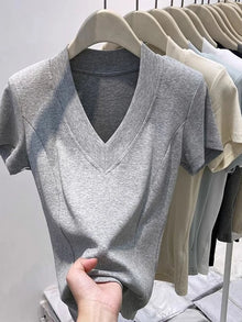 Slim Fit Pure Cotton Short Sleeve V Neck Top Korean Style