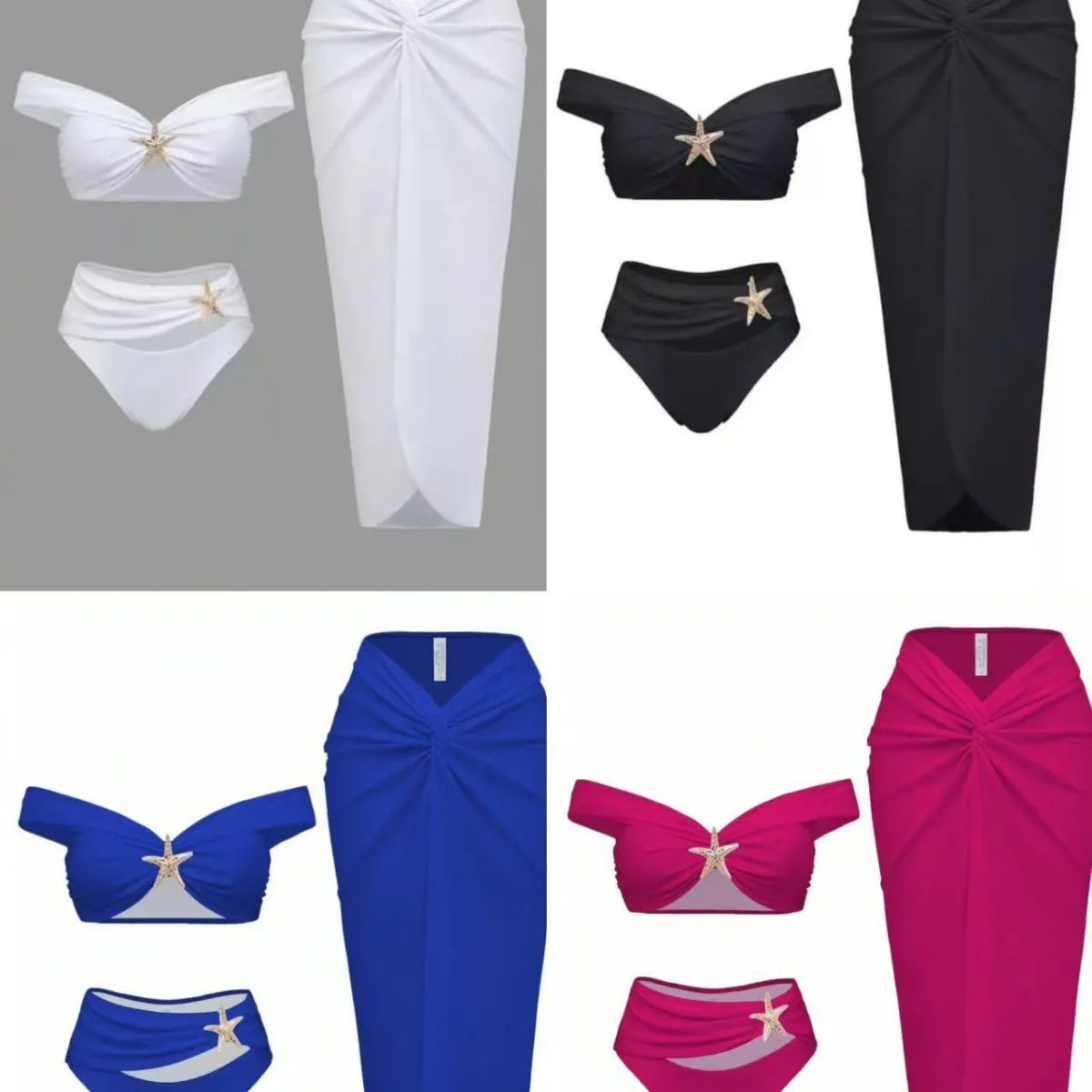 Women's Sexy Bikini Set Beachwear Metallic Starfish Bikini Folds Long Skirts Three Piece Sets Hot Girl Vacation Style Swimsuit