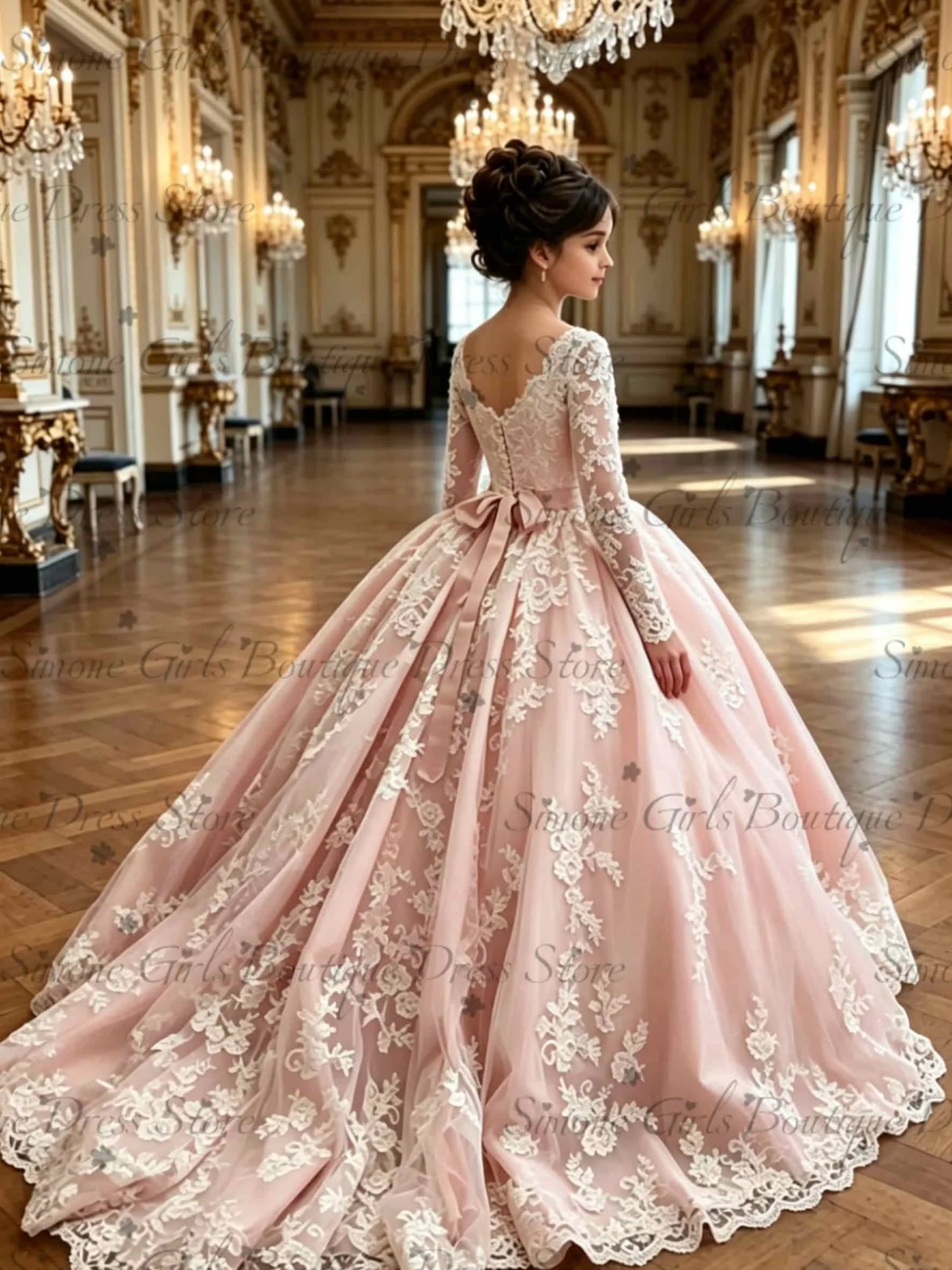Pink Long Sleeve Flower Girl Dress with Bow/Train Kids Beaded Lace Wedding Party First Communion Dress Customized Birthday Gown