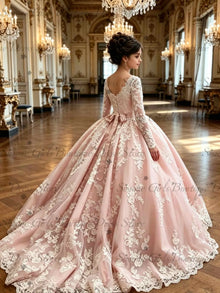 Pink Long Sleeve Flower Girl Dress with Bow/Train Kids Beaded Lace Wedding Party First Communion Dress Customized Birthday Gown