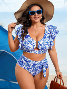 VigoBreviya 2026 Sexy Ruffle 2 Piece Plus Size Bikini Women Blue Print Curvy Swimsuit High Waist Push Up Lady Big Bathing Suit
