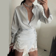 Striped Mini Dress Women Long Sleeve Lace Patchwork