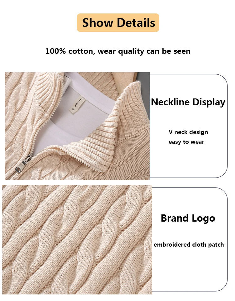 pure Cotton Sweaters Men's High Quality Autumn Cable Knit Christmas Sweater With Zipper Turtleneck Pullovers Zipper Pull Homme