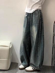 Retro Washed Distressed Knife  Denim Jeans High Waist Loose Fit Slimming Wide Leg Pants for plus Size Women Autumn