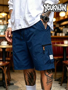 Summer Men's Quick Dry Cargo Shorts Loose Fit Elastic Waist Drawstring Multi Zipper Pockets Outdoor Fishing Hiking EU Size