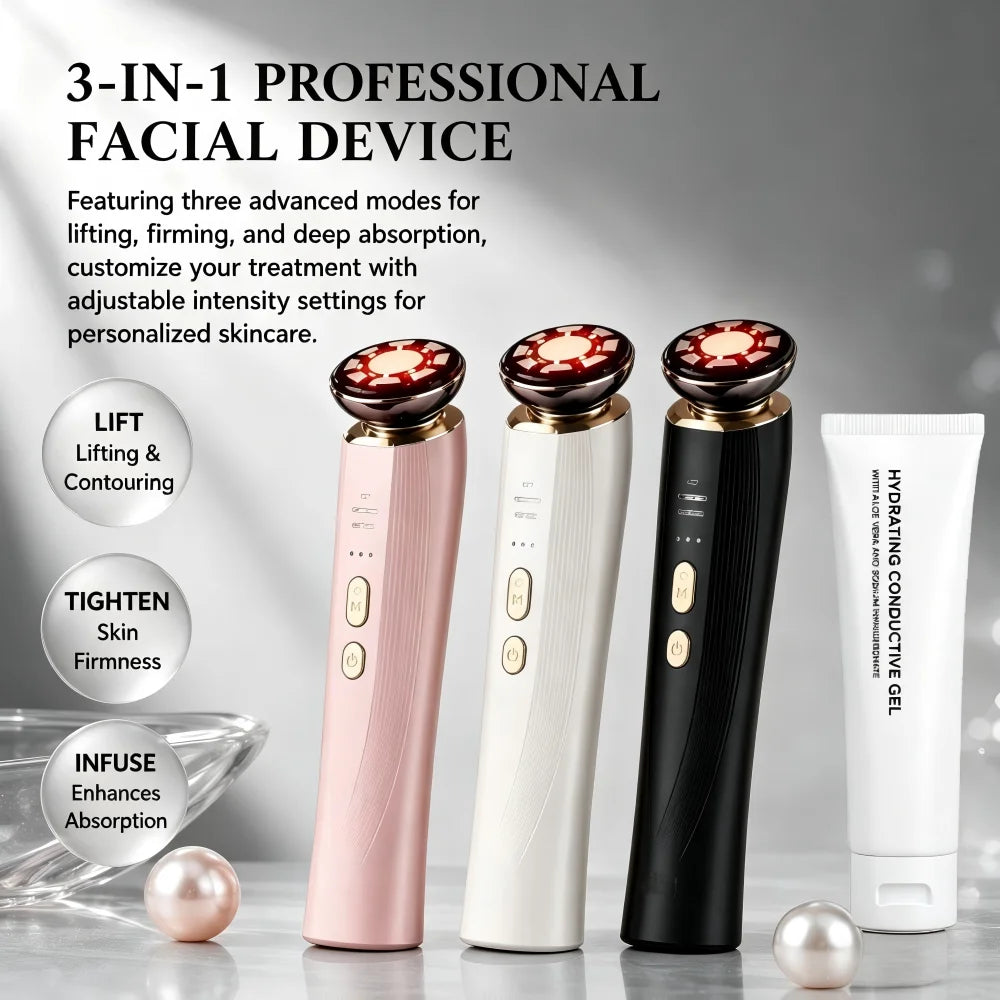 3 in 1 Red Light Handle Facial Device Portable V Shaped Face Lifting Slimming Massager for Neck Skin Tightening Anti-Aging Skincare Tool For Women Travel Home Use Gift
