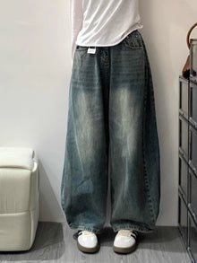 Retro Washed Distressed Knife  Denim Jeans High Waist Loose Fit Slimming Wide Leg Pants for plus Size Women Autumn