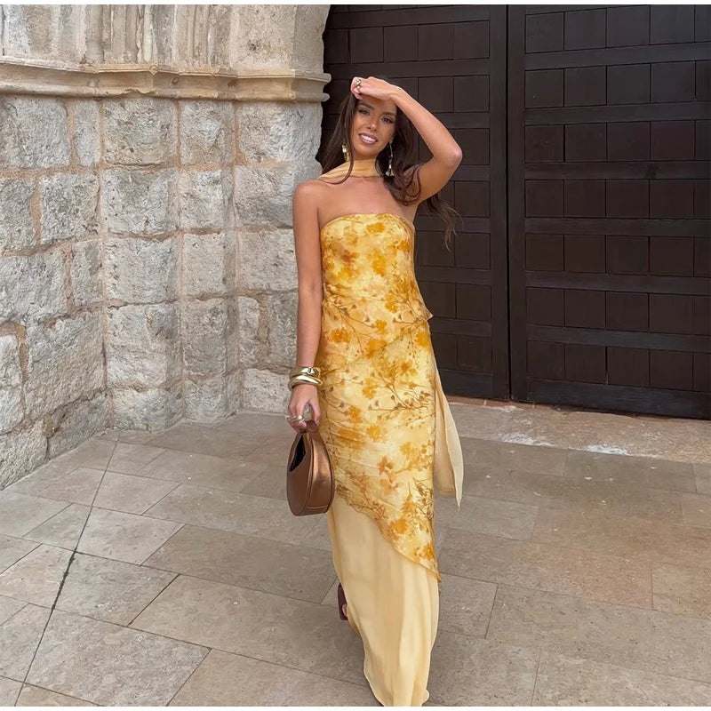 Vintage Floral Print Strapless Patchwork Dress Women Elegant Sleeveless Backless Ribbon Split Dresses Summer Female Party Robes