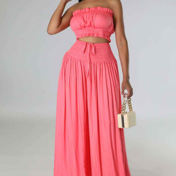 Summer Autumn Solid-Color Womens Casual Tube Top And High-Waist Drawstring Wide-Leg Pants