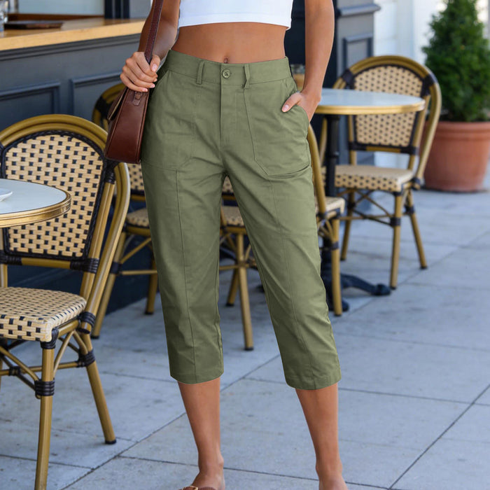 Pantalon décontracté d'été à taille haute et couleur unie pour femme avec poches plaquées