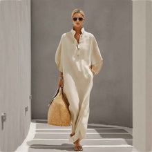 Womens Stand Collar Button-Down Loose Straight Long Dress