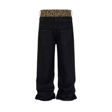 American-style Vintage Leopard-print Patchwork Faux Two-piece Jeans
