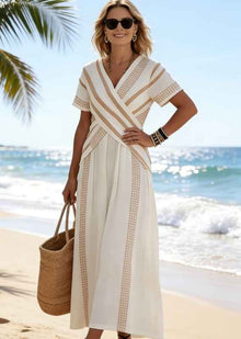 Santorini-style Long-sleeved Blue And White Striped Dress
