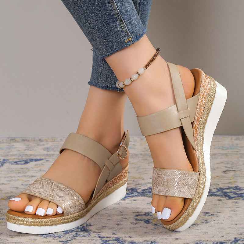 Spring And Summer New Wedge Round Toe Wide Strap Sandals For Women