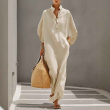 Womens Stand Collar Button-Down Loose Straight Long Dress