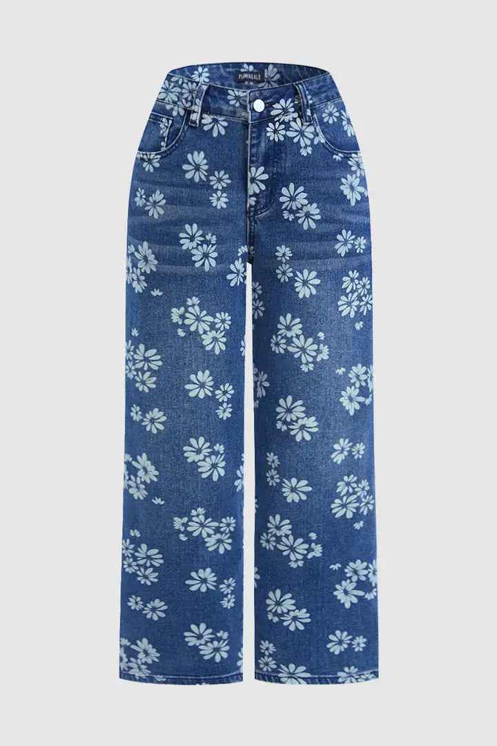 High Waist Straight Leg Jeans Vintage Floral Print Denim Pants
