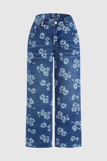 High Waist Straight Leg Jeans Vintage Floral Print Denim Pants