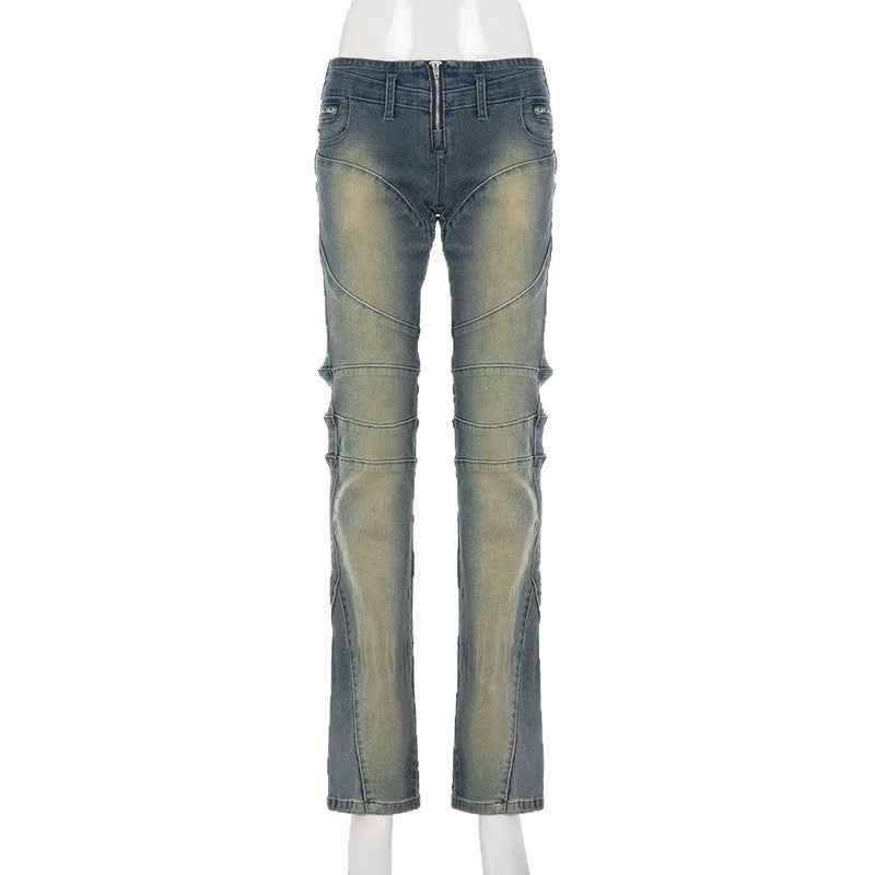 Heavy-duty High-street-style Patchwork Split-design Long Denim Jeans