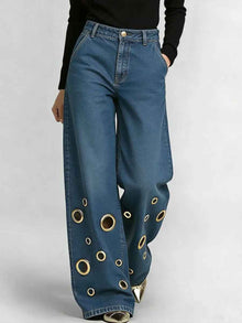 High-waisted Loose-fit Denim Jeans With Cutout Detailing And Metal Eyelets