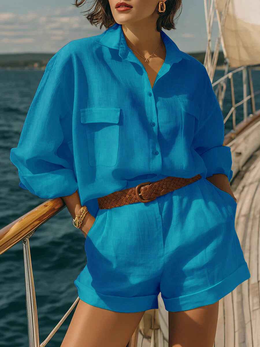 Cotton-linen Loose-fit Button-down Shirt And Shorts Fashion Casual Set