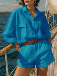 Cotton-linen Loose-fit Button-down Shirt And Shorts Fashion Casual Set
