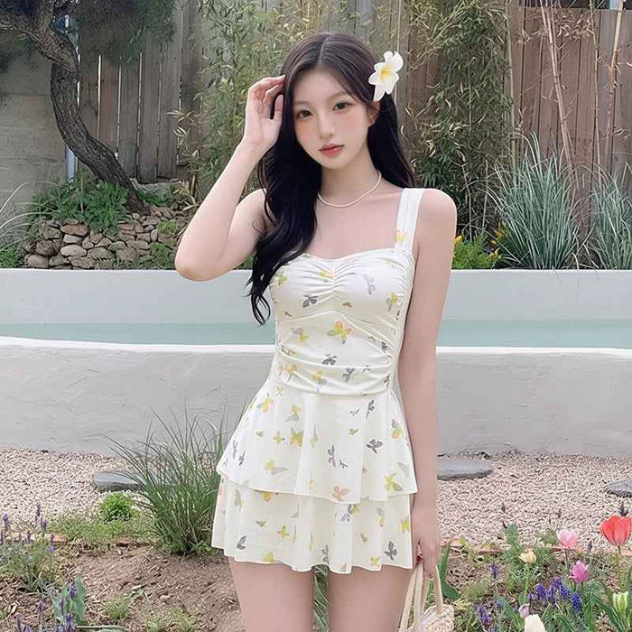 One-Piece Dress-Style Holiday Swimsuit With Butterfly Print