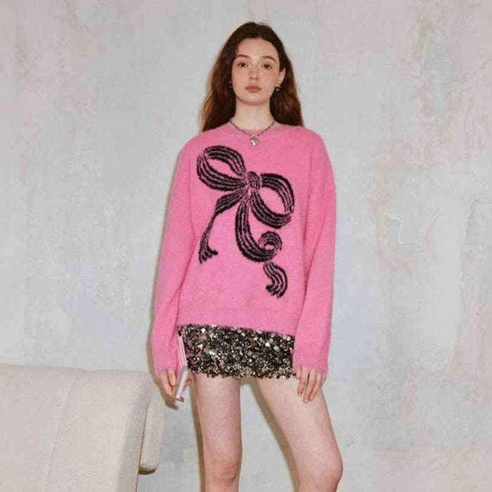 Bow-knot Plush Knitted Relaxed-fit Crewneck Sweater