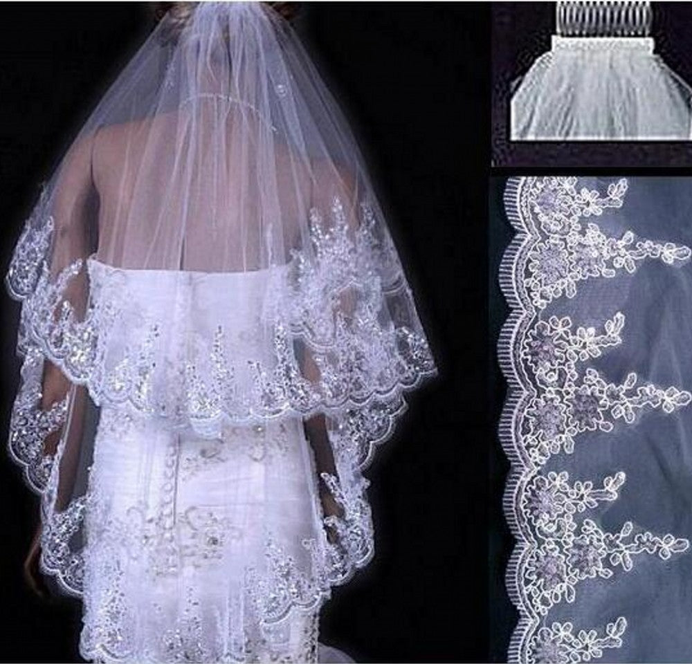 Bridal Sequined Polyester Veil Face Cover Two Layers Lace Sideband by Mirlaine Univers