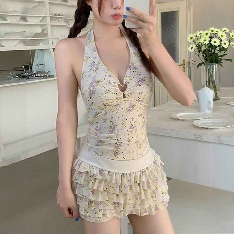 Womens Floral Halter Neck, Low-Chest Push-Up Two-Piece Skirted Swimsuit