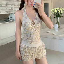 Womens Floral Halter Neck, Low-Chest Push-Up Two-Piece Skirted Swimsuit
