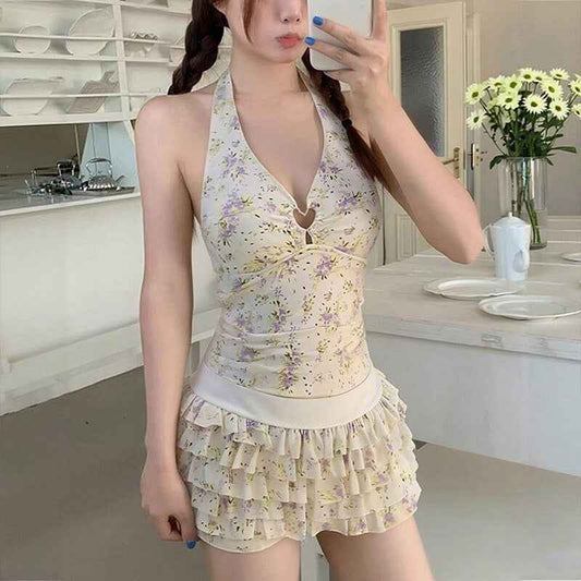Womens Floral Halter Neck, Low-Chest Push-Up Two-Piece Skirted Swimsuit