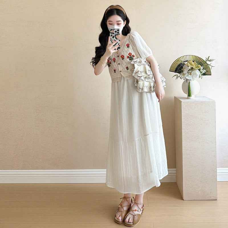 Fashionable Crochet Vest-Look Fake Two-Piece Maternity Dress