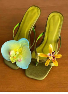 Handmade Asymmetric Flower Sandals For Women High Heel Semi-slipper