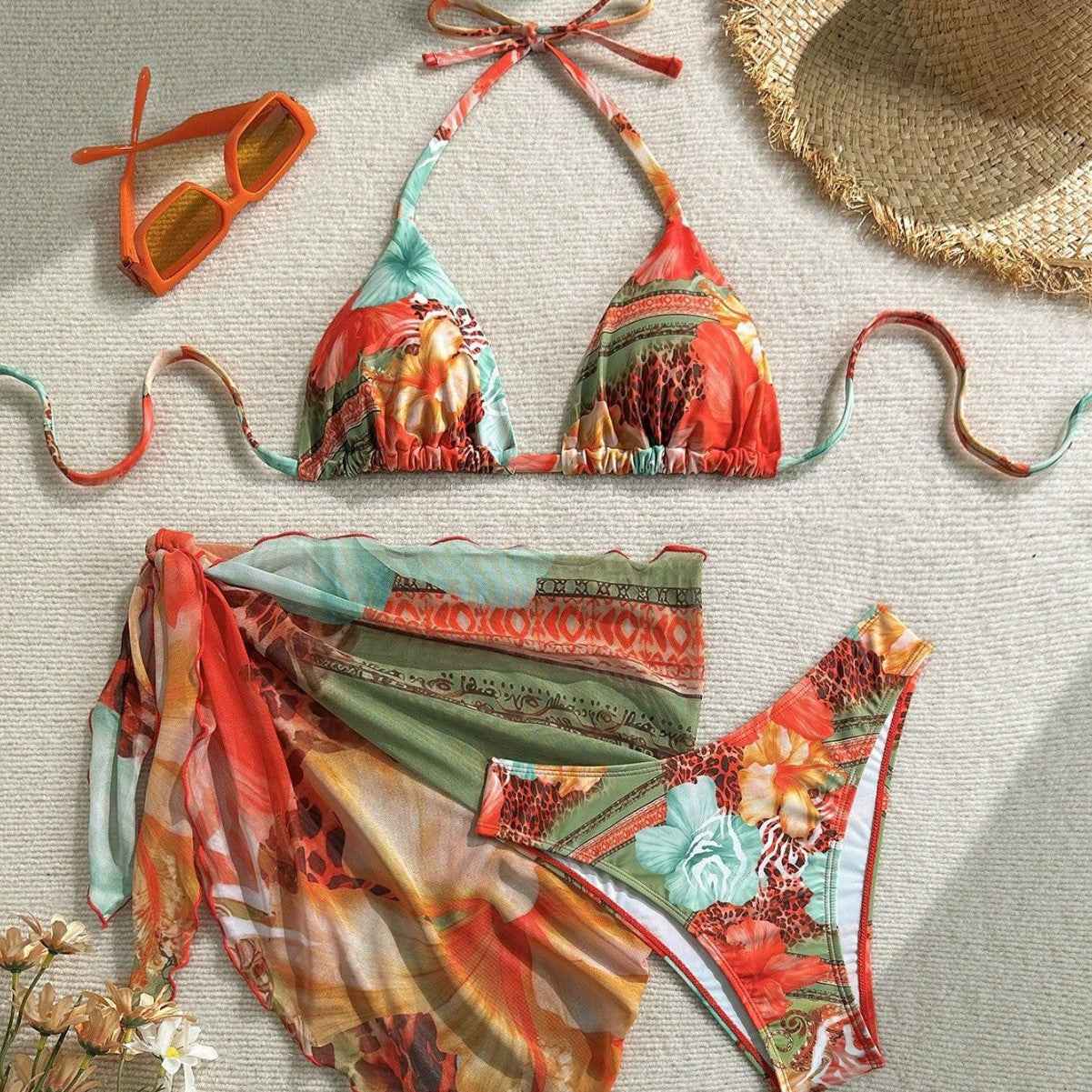 European And American-style Three-Piece Apron Bikini Flower-Printed Lace-Up Womens Swimsuit