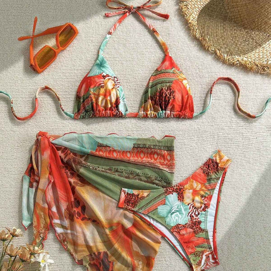 European And American-style Three-Piece Apron Bikini Flower-Printed Lace-Up Womens Swimsuit