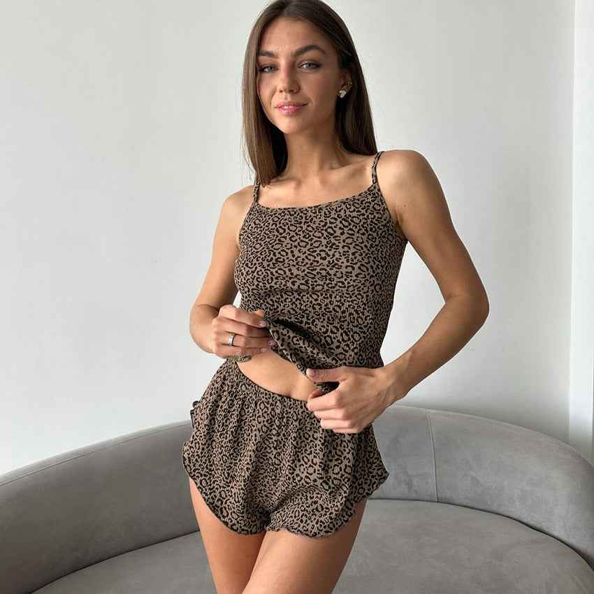 Leopard-print Long-sleeve Nightgown, Lingerie, And Shorts Three-piece Set