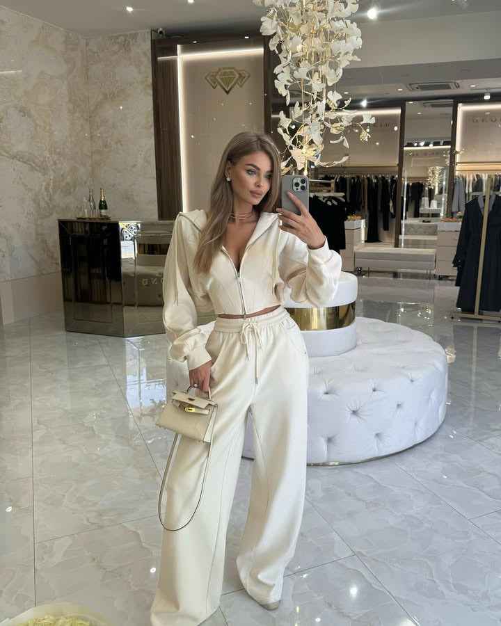 Women's Solid Color Zip-Up Hooded Sweater Set