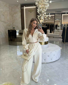Women's Solid Color Zip-Up Hooded Sweater Set