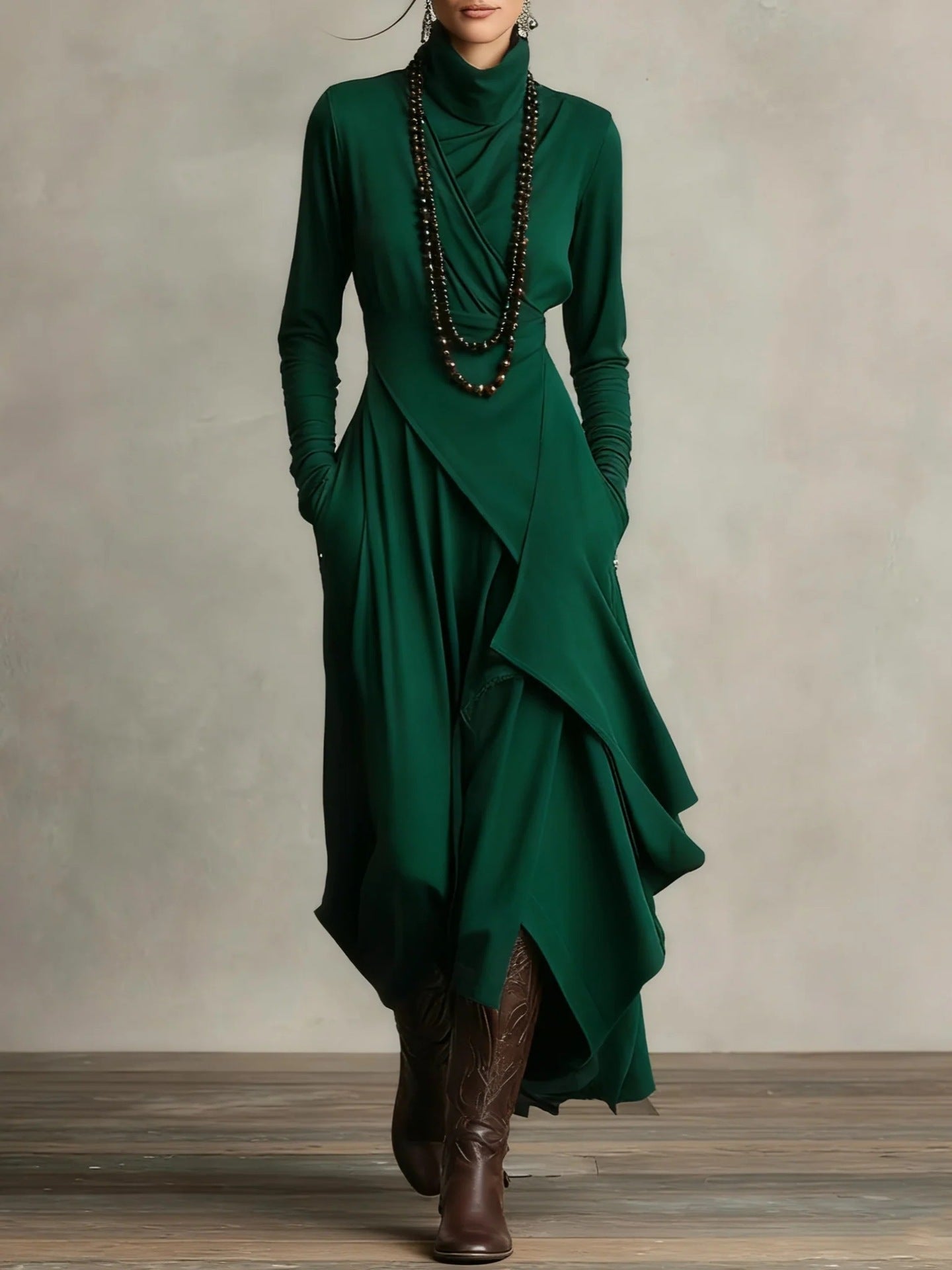 Women's Solid Color Cross-sleeve High-neck Dress by Mirlaine Univers