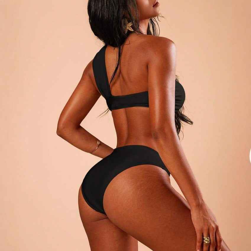 Women's Solid Color One-Shoulder Two-Piece Bikini Swimsuit Set