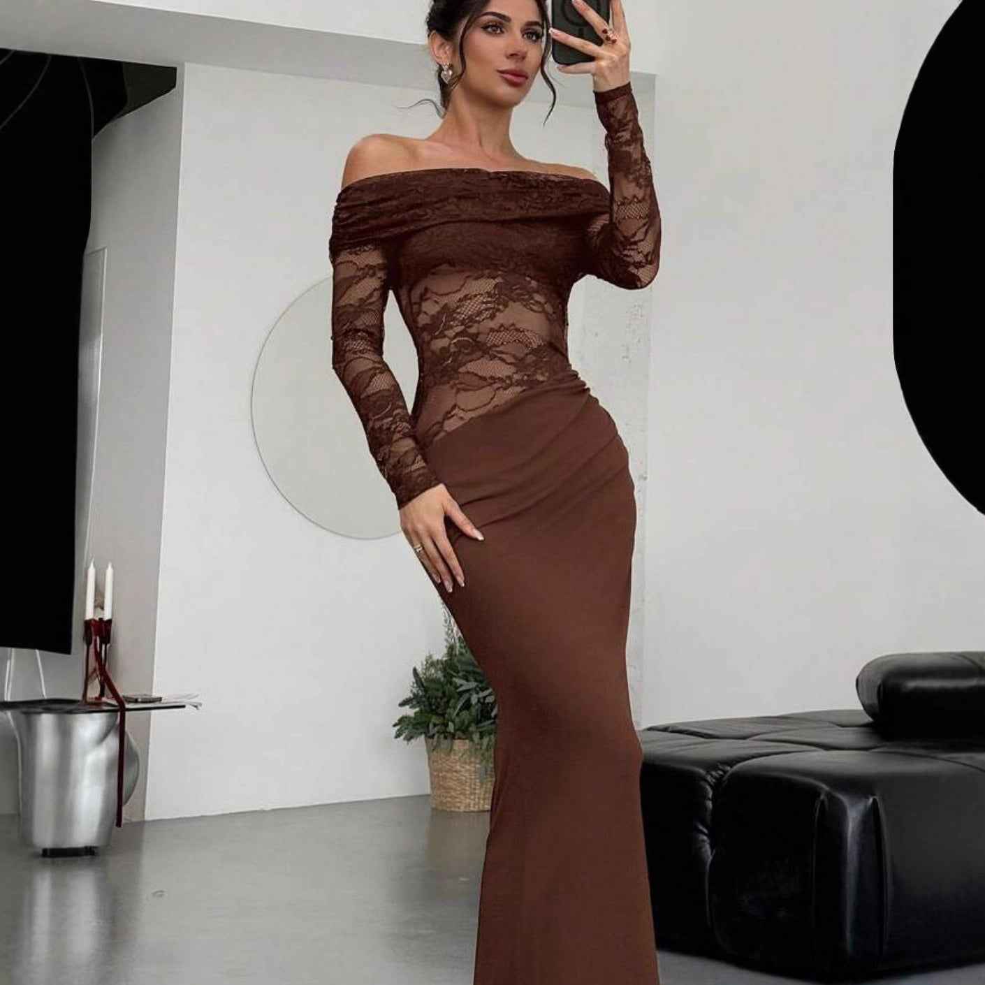 Womens Sexy Hollow-Out Lace Long-Sleeve Dress
